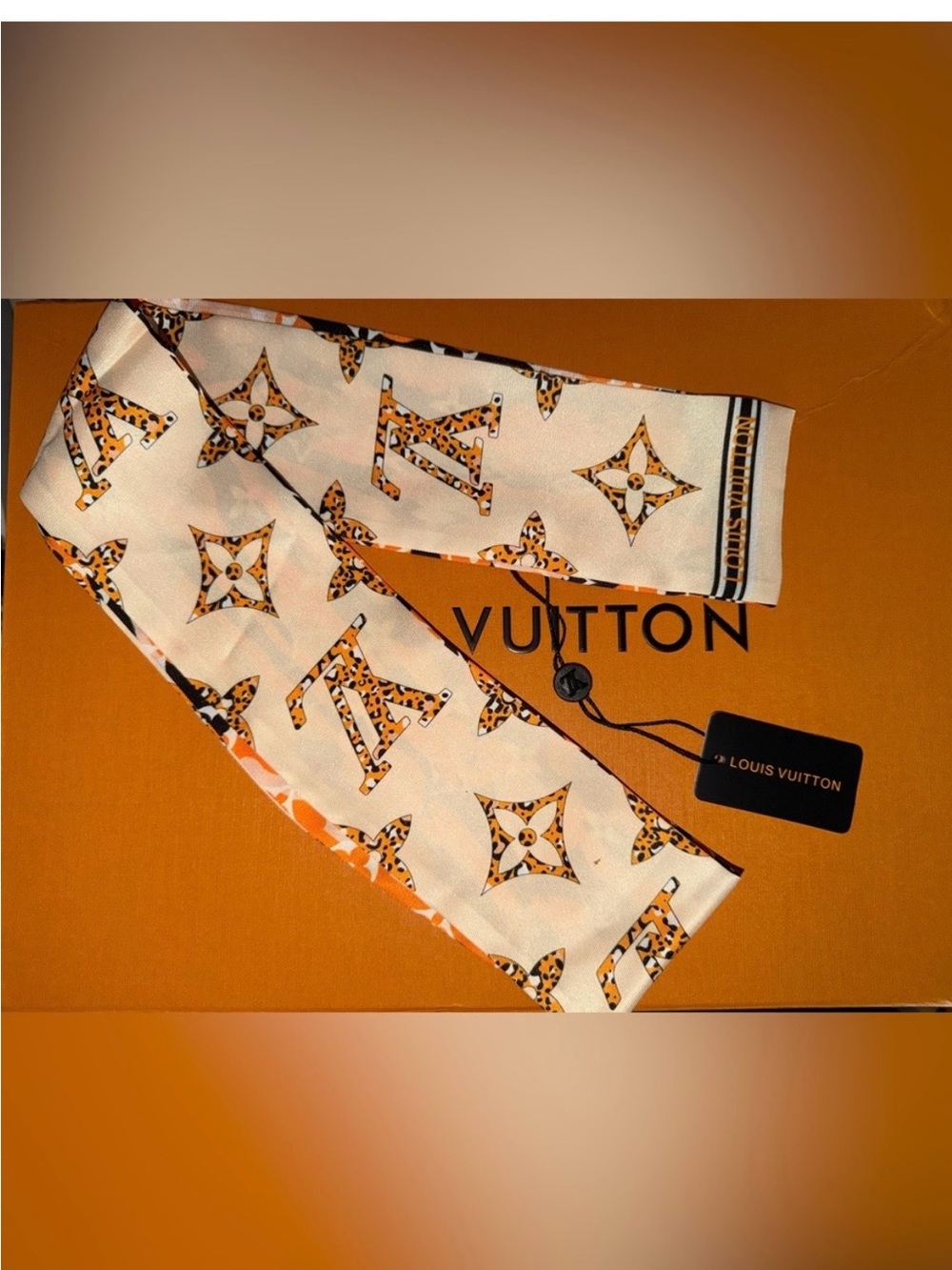 Louis Vuitton Monogram Orange & Cream Silk Twilly Scarf - Picture 3 of 7